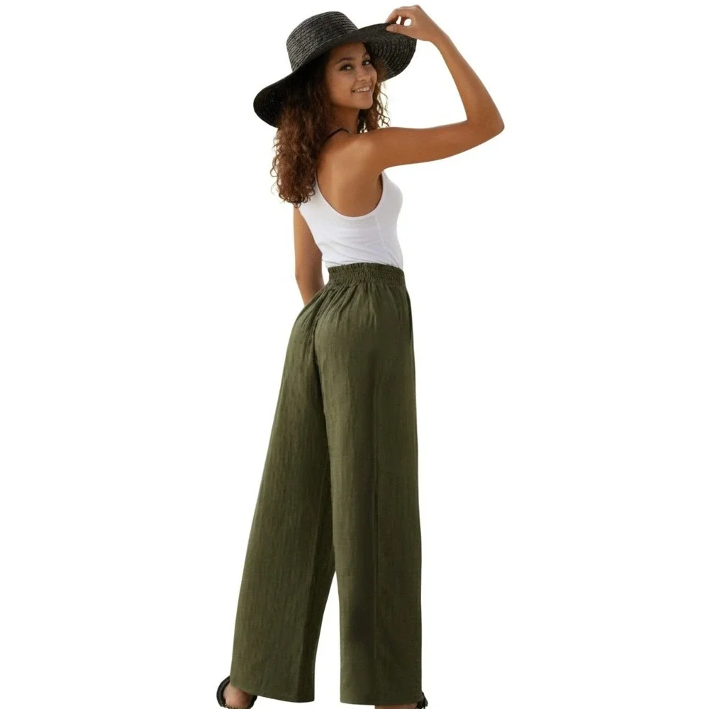 NOFLICK NWT Olive 100% Cotton‎ Wide Leg Smocked Waist Relaxed Flowy Pants M